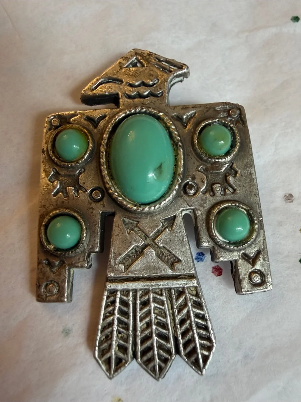 Silver Thunderbird Pendant with Faux Turquoise Stones